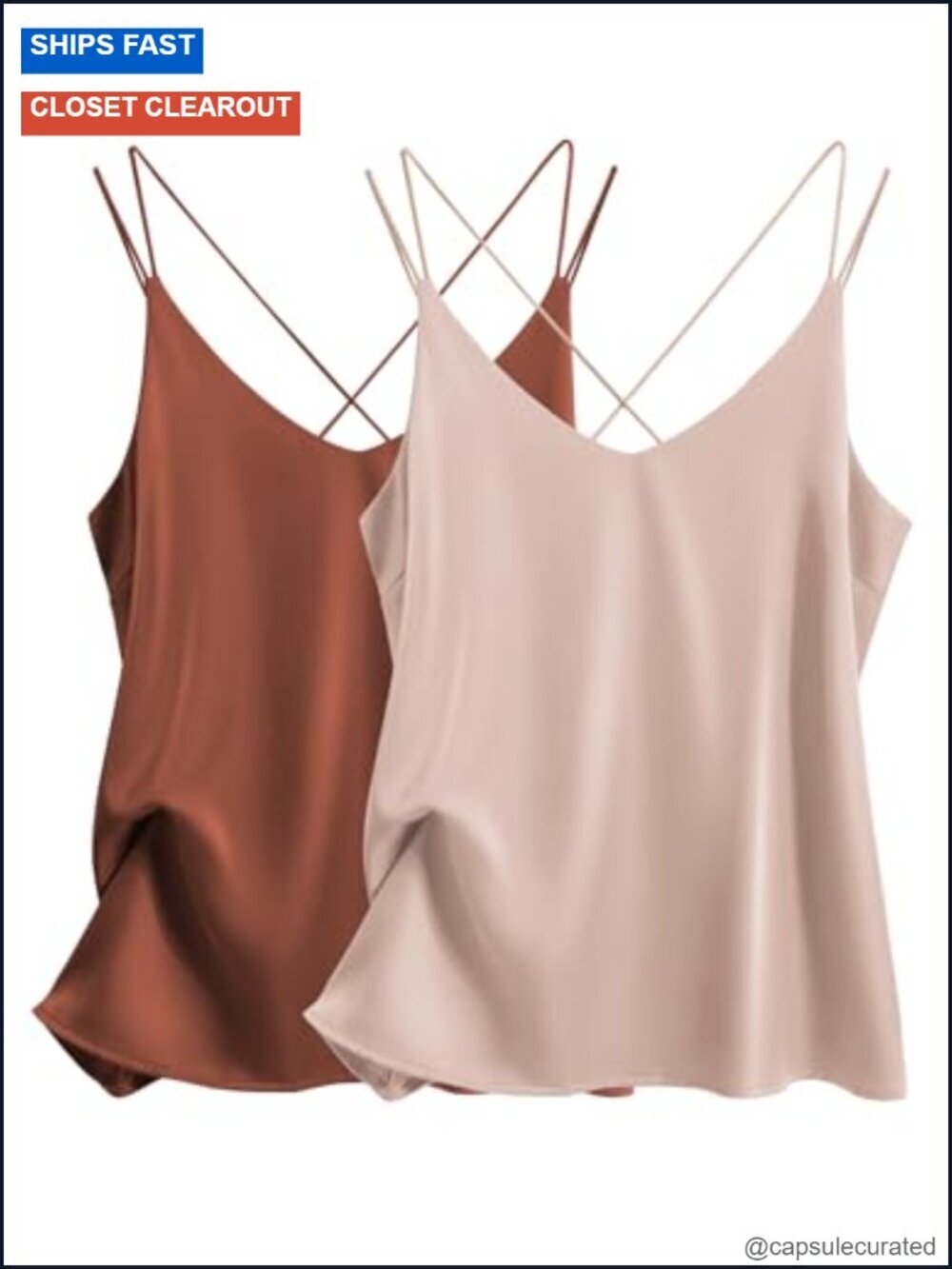 2-Pack Satin Camisole Tank Top V-Neck Cross Back Spaghetti Strap Lounge Tops